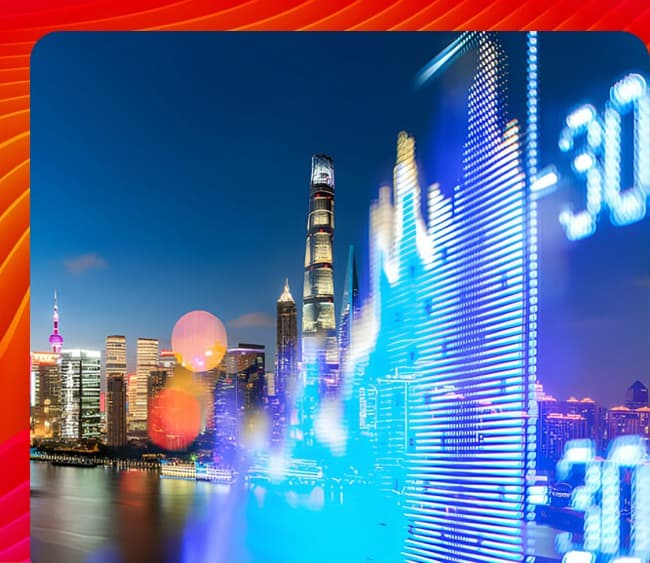 A nighttime view of the Shanghai skyline with a superimposed stock market chart.